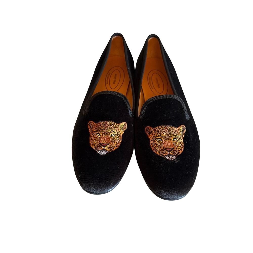 Journey West Loafers Black Velvet Leopard Embroidered Smoking Slippers Mens 8.5
